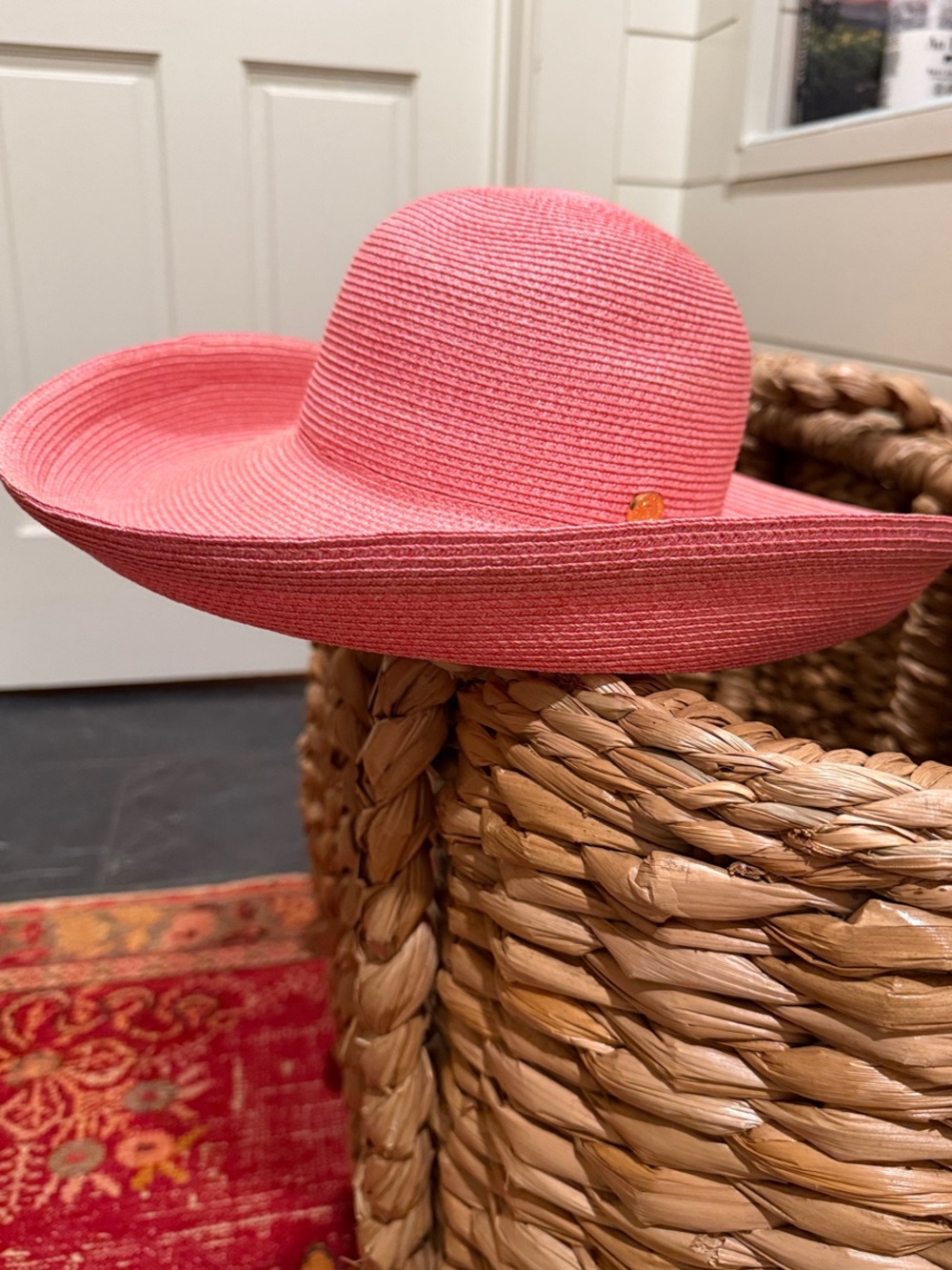 Eric Javitz Coral Pink Sun Hat with Lime Green inner Band